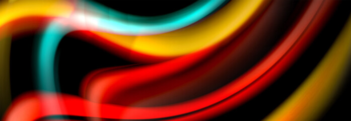 Dynamic motion abstract background. Color blurred stripes on black. Wave liquid lines poster. Vector illustration