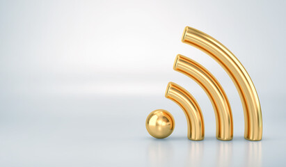 Golden WiFi wireless symbol with reflection on ligth gray background