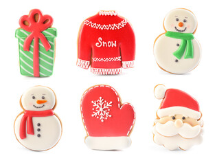 Set of different Christmas cookies on white background