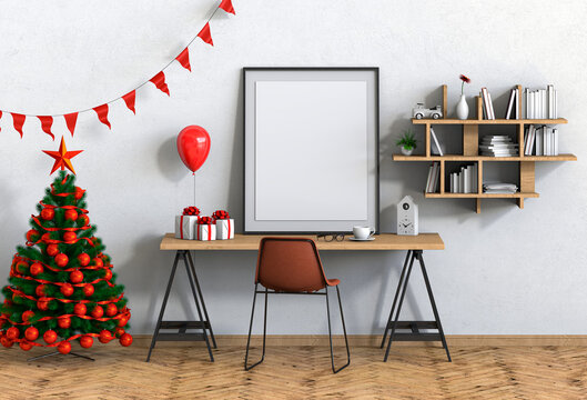 mock up poster frame Christmas interior workspace room. 3d render