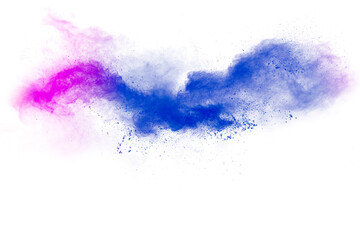 Abstract blue pink powder explosion on white background.