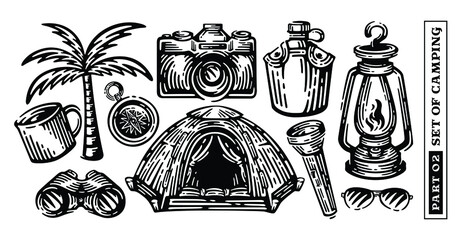 Big vector set of camping elements. doodle vintage illustration.
