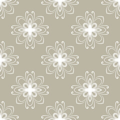 Floral vector beige and white ornament. Seamless abstract classic background with flowers. Pattern with repeating floral elements. Ornament for fabric, wallpaper and packaging