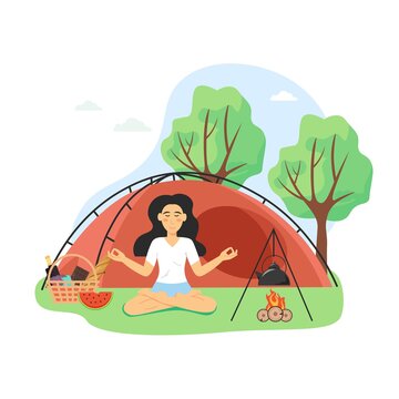 Yoga and meditation retreat. Happy woman meditating sitting in lotus position by the campfire, flat vector illustration.