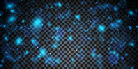 Vector bokeh light effect. Blue sparkling particles, magical glowing lights isolated on dark transparent background.