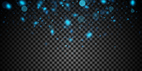 Vector bokeh light effect. Blue sparkling particles, magical glowing lights isolated on dark transparent background.