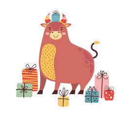 Cute cartoon bull with lots of gifts. Symbol of the 2021 New year. Happy ox celebrates Christmas. Funny cow character. Holiday card or banner for Christmas, new year, birthday in Scandinavian style.