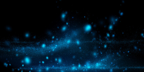 Vector abstract background with blue particles on dark. Glowing magical lights, sparkling glittering effect.