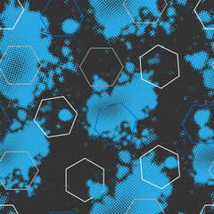 Hexagons contour on blue grunge texture. Abstract seamless pattern for textiles. Modern urban style wallpaper