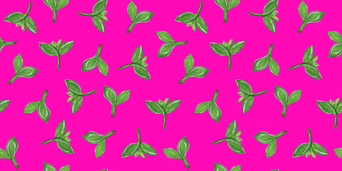 Seamless pattern with fresh spring sprouts. Green seedlings on pink. Botanical background. Leaves and twigs. Good for textile, fabric design, wraping paper and card design. 
