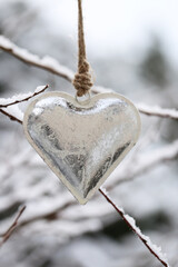 Christmas and New Year holidays.Valentine's day. silver metal heart on a twig in a snowy garden.Christmas time.Winter holidays time.Love symbol