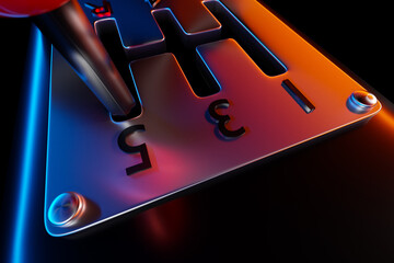 Close up of the manual gearbox transmission handle. Accelerator handle and buttons in a new car.