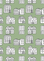 Cute seamless pattern with hand drawn houses. Vector collection