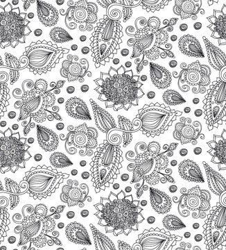 Seamless pattern with cute hand drawn flowers and leaves. Indian style. Vector