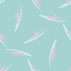 Seamless background with pink flowers and green leaves. Hand-drawn. For fabrics, textiles, gift wrapping, wall decoration. Vector image