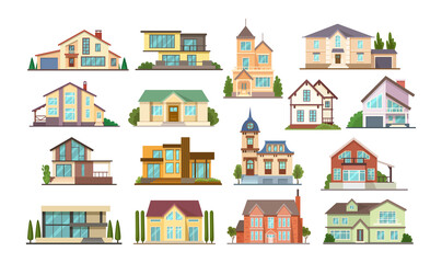 Set colorful country town houses with roof, suburban cottages, guest house, mansion, townhouse, house brick, buildings. Facade apartment house. Real Estate vector illustration