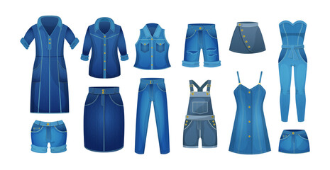 Denim blue clothing jeans female. Casual outfit for women. Blue jean garments for trendy look. Fashion style womenswear. Modern female denim skirt, trousers, overalls, sundress, shorts.