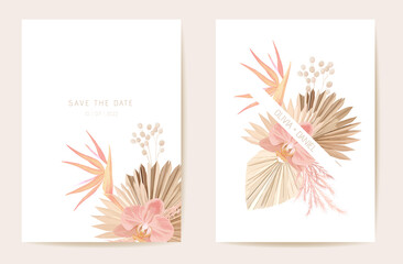 Wedding invitation dried tropical palm leaves, orchid flowers card, dry pampas grass watercolor template