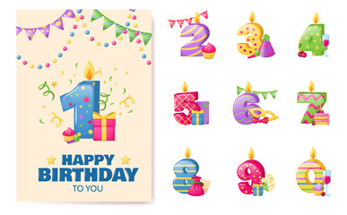 Birthday anniversary numbers candle. Cheerful gift card with numbers and holiday elements, invitation card template. Candles in form of numbers for birthday, anniversary, jubilee cartoon