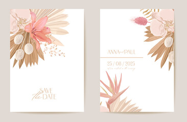 Wedding watercolor orchid flowers Invitation, dry tropical palm leaves card, dried pampas grass template