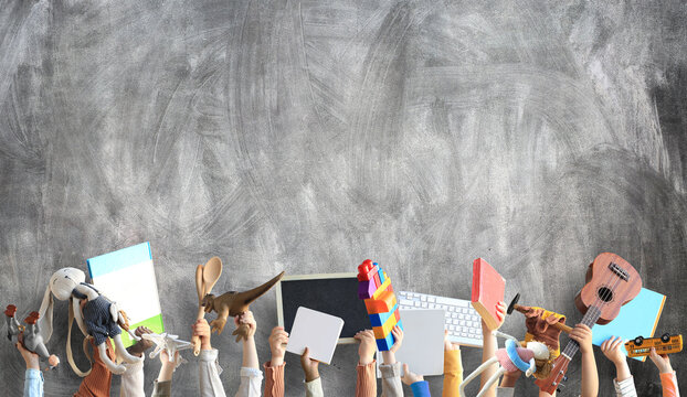 Children are holding books, toys, and a keyboard. Educational concept