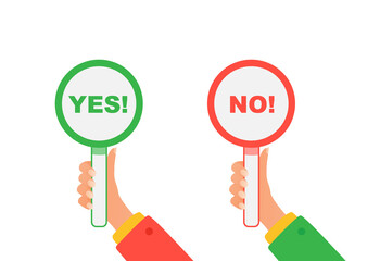 Yes and no signs. Hands hold signboard yes and no. Concept of choice, voting, and dilemma.
