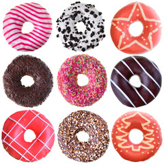 Set of chocolate and pink strawberry glazed donuts top view