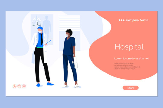 Medical concept landing page. Medical staff in iniform. Online medical consultation website. Medical staff at work. Modern hospital services, professionals help, flat vector illustration