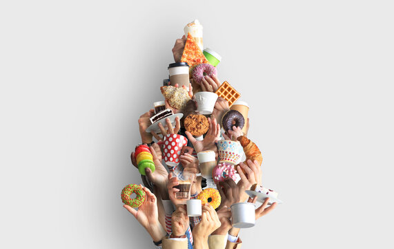 People are holding mugs and paper cups of coffee and desserts. Concept on the theme of cafes and coffee. Christmas tree.