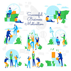 Fototapeta premium Successful business motivation set. Successful business team overcoming obstacles, achieving goals, celebrating financial success. Business motivation and ambitions flat vector illustration