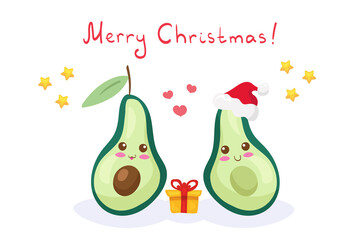 Kawaii vector illustration with cartoon Avocado. Merry Christmas concept for children menu, fabric print, greeting card. Cute funny smiling healthy food characters. Festive holidays decoration element