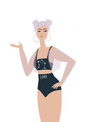 Representative of the Libra sign. Attractive girl with  space buns.. Constellation. Hand drawn illustration