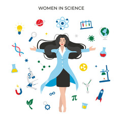 Women in science, concept character with icons. Flat vector cartoon modern illustration.