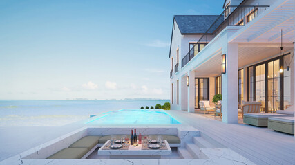 Luxury beach house with sea view swimming pool and terrace at vacation.3d rendering - obrazy, fototapety, plakaty