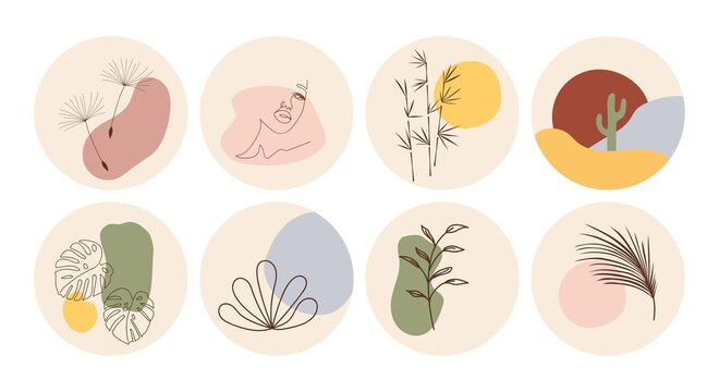 Vector set of round boho icons and emblems for social media story highlight covers. Hand-drawn trendy design templates for bloggers, designers and photographers.