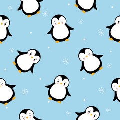 The vector pattern with cartoon penguins and snowflakes on blue background