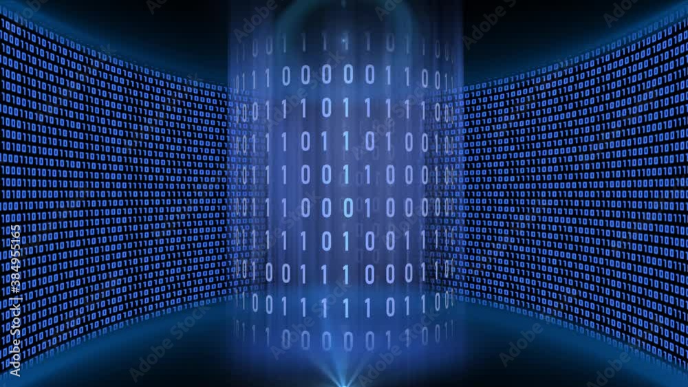 Poster abstract data flow movement - varying binary code arranged in cylinder form falling down with light 