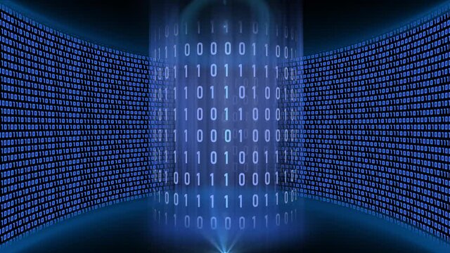 Abstract data flow movement - Varying binary code arranged in cylinder form falling down with light effects in front of a virtual studio wall made of binary code glowing in blue color