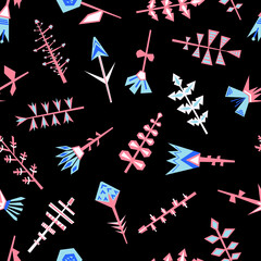 Vector pattern with original geometrical plants on black background. Seamless unusual floral illustration for wallpaper, wrapping paper, scrapbooking, surface design 