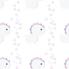 Seamless pattern with cute dinosaur and hearts on a white background