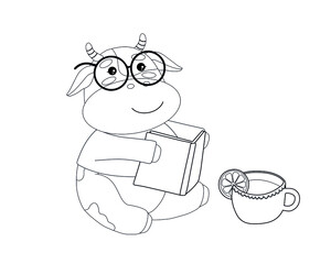 Vector cute linear cow or bull. Symbol of year 2021. Calf in glasses, reading book. Coloring page for kids. Isolated on white background