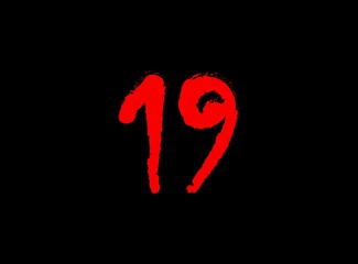 19 Horror bloody, scary vector number. Insane Fear brutal, scream font. Wicked night theme style design. Hand writing eps10 illustration
