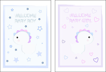 Holiday cards for the birth of a baby with cute dinosaurs. Welcome, baby boy and baby girl. Vector illustration