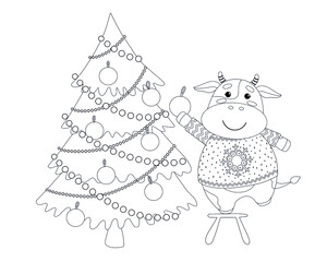 Vector cute linear cow or bull. Symbol of year 2021. Calf in sweater, decorating Christmas tree. Coloring page for kids. Isolated on white background