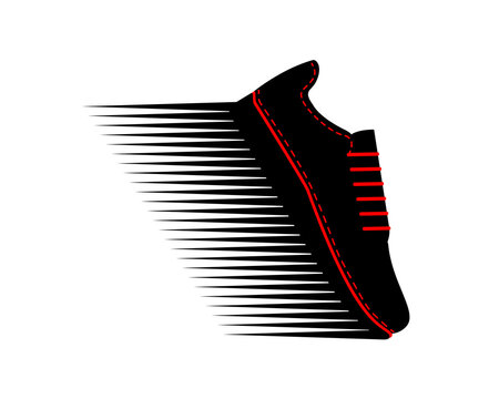 One Red And Black Sneaker And An Image Of Speed. Sport Shoe For Running. Black Silhouette. Sport Footwear For Men And Women. City Fashionable Youth Shoes. Vector Illustration, Icon, Logo. Side View.