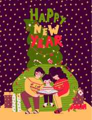 Christmas family evening, reading books, Cartoon vector people illustration.