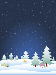 Vertical winter night scene background with falling snow, snowy field, pine trees, and little houses. Vector illustration.