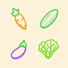Vegetable icon set collection carrot cucumber eggplant lettuce white isolated background color outline style