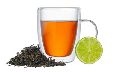 Glass cup of black tea with bergamot isolated on white