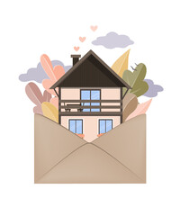Autumn forest and house in Envelope. Hygge autumn and cosy home concept. Vector illustration